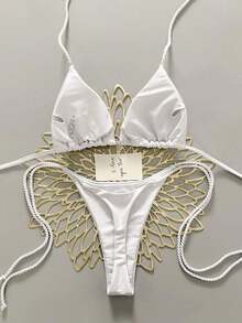 2 piezas Conjunto de traje de baño para mujer, Bikini verde menta con decoración de cuerda hecha a mano - Blanco - Ver 3