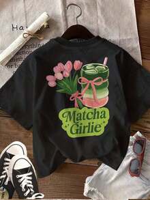 Women's Solid Color T-Shirt With Double-Sided Print, Cute Style, Tulip, Iced Drink And Matcha Design, Casual, Crew Neck, Short Sleeve, Summer Top. - Black - View 3