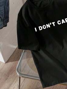 New Fashion Women's Crew Neck-Shirt Camiseta ajustada de manga corta con cuello redondo y eslogan casual No me importa, adecuada para el verano y uso casualPure-CottonSummer-ready versatile design. - Negro - Ver 3