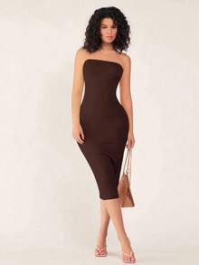 Vestido casual ceñido con escote strapless para cena para mujer - Marrón 2 - Ver 6