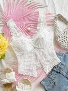 Top casual de mujer con bordado de ojales, adecuado para vacaciones, fiestas, té de la tarde, playa, citas, verano - Blanco - Ver 7