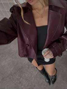 Abrigo de trinchera casual de manga larga con bolsillos y doble botonadura - Rojo violeta - Ver 8