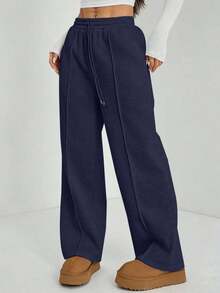 Pantalón de chándal de pierna recta con detalle de guijarro para mujer, mezcla de algodón cómoda - Azul marino - Ver 11