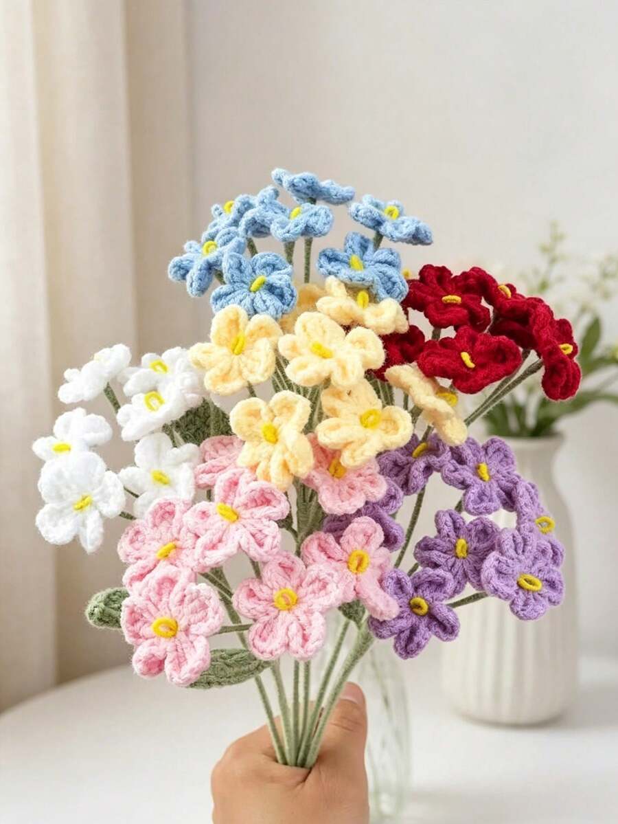 Multi-Color Handmade Crochet Eternal Flowers, Single Bunch With Multiple Mini Flowers, Artificial Woven Flower Bouquet, Best Gift For Christmas, Birthday, Wedding, Graduation, Teacher's Day. Suitable For Restaurant, Room, Bedroom And Other Home Decor, Holiday Gifts And Party Decorations, Valentine's Day Home DIY Floral Arrangement Decoration.