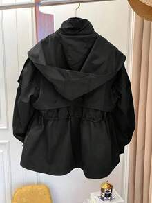 1 pieza Abrigo de trinchera con bolsillo con cordón, botones delanteros y tela tejida de unicolor, informal para primavera/otoño - Negro - Ver 2