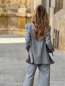 Conjunto de traje a cuadros ligero para mujer, chaqueta y pantalón de pierna ancha a medida, elegante y de moda, conjunto de 2 piezas para oficina en primavera - Azul - Ver 2