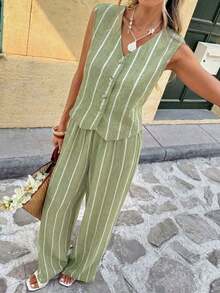 Frenchy Conjunto de 2 piezas de top de tirantes con botones y pantalones a rayas, estilo casual de verano para mujer - Verde - Ver 7