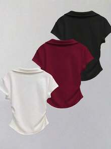 Camiseta casual versátil de mujer con cuello y mangas cortas plisadas - Negro 2 - Ver 2