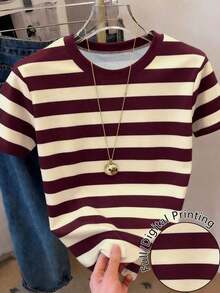 Camiseta de mujer de manga corta, cuello redondo y rayas, informal, para verano - Multicolor 3 - Ver 4