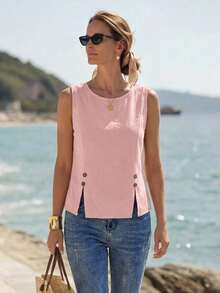 Camisa sin mangas de unicolor con diseño de botones para mujer - Rosa - Ver 7