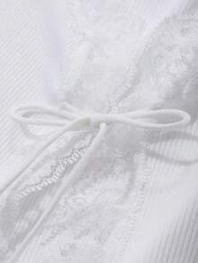 Camiseta de mujer con cuello redondo de manga corta con 2 en 1 y encaje empalmado - Blanco - Ver 8
