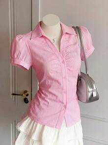 Camisa casual de mujer de manga corta abullonada, de un solo pecho, a rayas azules, ropa de verano - Rosa 2 - Ver 6