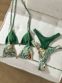 Conjunto de traje de baño de 4 piezas con cuentas marrón y a rayas, para primavera/verano 2026, conjunto de bikini de alta gama para resort de playa - Multicolor 9 - Ver 5