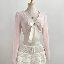 Women's Light Pink Cute Cardigan, Sexy Tie Front Casual Daily Commute Sun Protection Top, Elegant Vacation Stylish Sweater, Spring Summer - Rosa Pálido - Ver 6