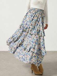 Falda con cintura elástica, volantes y estampado de paisley, estilo de vacaciones de verano para mujer - Azul - Ver 8