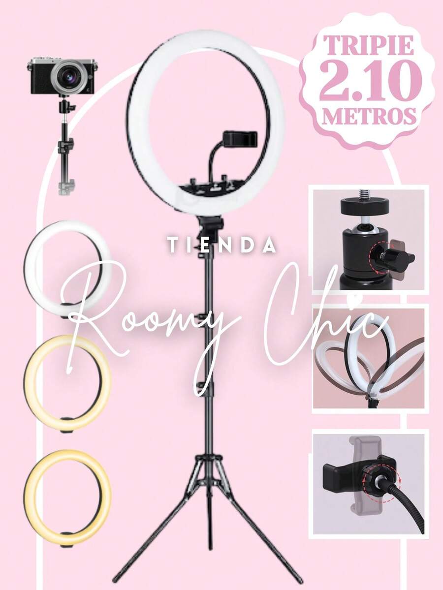 ROOMY CHIC Aro De Luz Led 26 Cm Cámara De Luz De Anillo Led De 10 Pulgadas Gran Luz De Anillo Con Tripie 2.10 Metros De Alto Portátil Para Estudio De Video De Maquillaje Para Fotos Profesionales Selfie Aro Para Selfies Lámpara Aro Para Celular Aro De Luz Led 10 Pulgadas 3 Tonos Luz Blanca, Luz Cálida Y Luz Natural Intensidad de Luz Regulable Rotación 360º Inclinación 180º Con Soporte Universal Para Celular Móviles & Accesorios Fotografía y accesorios para teléfonos móviles Flashes Externos para Móviles y Luces para Selfies - ARO 10 PULGADAS - Ver 1