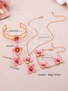 1 Set Fashionable & Sweet Floral Series Jewelry Set Including Necklace/Bracelet/Bangle/Ring/Earrings, Unique Handpainted Enamel Flower Petals, Suitable For Women's Daily Wear And Parties - Four Cornus Set - View 2