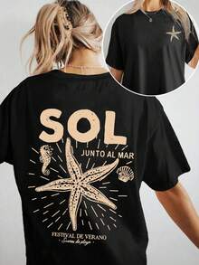Women's Casual Short Sleeve T-Shirt - Starfish And Seashell Print "SUN BY THE SEA", Loose Fit, Round Neck, Medium Stretch, All Season Comfort, With Lettering, Beach Essential, Y2k Beach T-Shirt - 黑色 - 查看 10