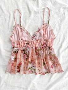 Top informal y romántico de estilo campestre, ideal para la temporada de graduación, fiestas, almuerzos, meriendas, atuendos casuales de verano.Top sin mangas de gasa rosada con volantes 3D con flores y lazo delantero, look adorable y femenino - Multicolor - Ver 4