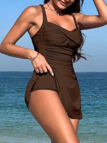 Lushoire Set de 2 piezas de ropa de playa para mujer: Top fruncido con cruce delantero liso y shorts de tankini de cintura alta, para vacaciones de verano - Café integral - Ver 5