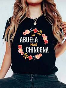 Tops de mujer La Abuela Más Chingona, Camiseta con Estampado Floral de Abuela Española, Camiseta Gráfica de Algodón para Mujer, Cuello Redondo, Manga Corta, Tops Casuales de Verano - Negro - Ver 7