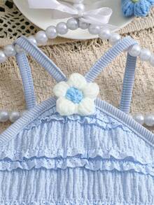Baby Girls' Layered Ruched Lace Dress With Puff Effect, Paired With Small Bag, Cute And Suitable For Daily Wear And Gatherings, Spring/Summer Gift For Babies - Dusty Blue - View 3