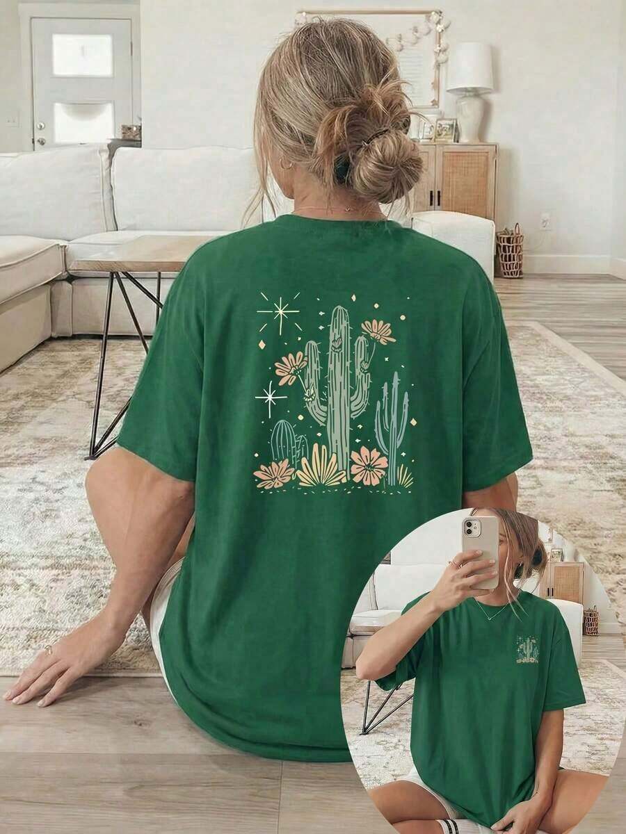 Women's Short-Sleeve Blouses Plus Size Short-Sleeve T-Shirt For Women - Double-Sided Cactus And Starry Sky Print Crew Neck Blouse - Compatible Top | Loose Fit, Casual, Machine Washable, Suitable For All Seasons, Spring And Summer Wardrobe Essential. Gym Y2k Crew Neck 100% Cotton Soft Fabric Short Sleeve Breathable And Cool May Festival Mother's Day Father's Day Unisex 100% Cotton - 綠色的 - 查看 1