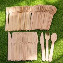 100/200件套木制餐具，5.5/6.3英寸天然桦木一次性叉子、刀子、勺子，可堆肥，光滑无毛刺，适用于生日派对、婚礼、野餐、烧烤、甜点、沙拉、商业用途 - 查看 8