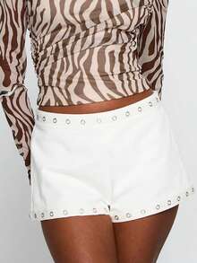 Women Rivet Summer Casual Hot Mini Shorts Mid Rise Y2K Micro Shorts With Zipper - White - View 2