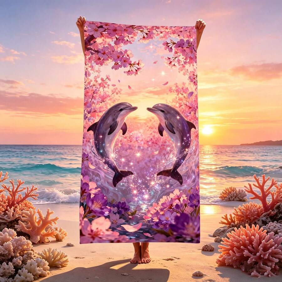 1条梦幻花卉海豚图案沙滩巾，超柔软超细纤维特大号沙滩毯，高吸水性浴巾，适合旅行、游泳池、潜水、冲浪、瑜伽、露营等场合，多种尺寸可选，沙滩配件 - 海豚花卉 - 查看 1