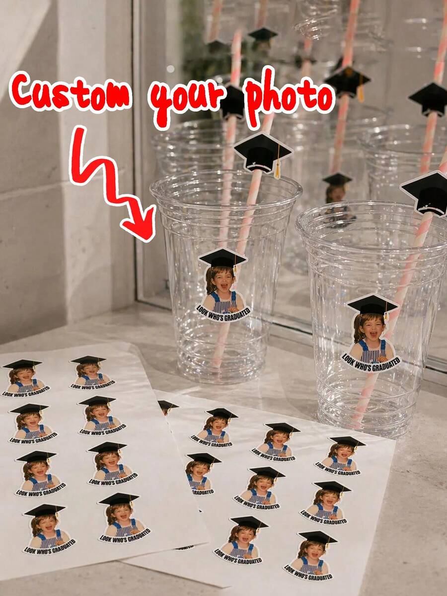 1-50pcs Customized Graduation Face Stickers, Personalized Sticker Labels For Cups And Cookies, Vinyl Decal Party Favors
