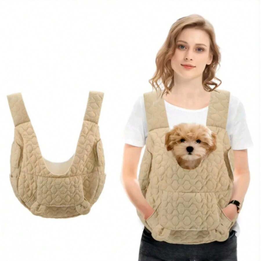 Ein robuster, verstellbarer, nach vorne gerichteter Haustierrucksack aus Polyester, geeignet für kleine und mittelgroße Hunde, Katzen und Kaninchen. Maschinenwaschbar, gepolstert, mit abnehmbaren Riemen und Schnallen. - Khaki - Übersicht 1