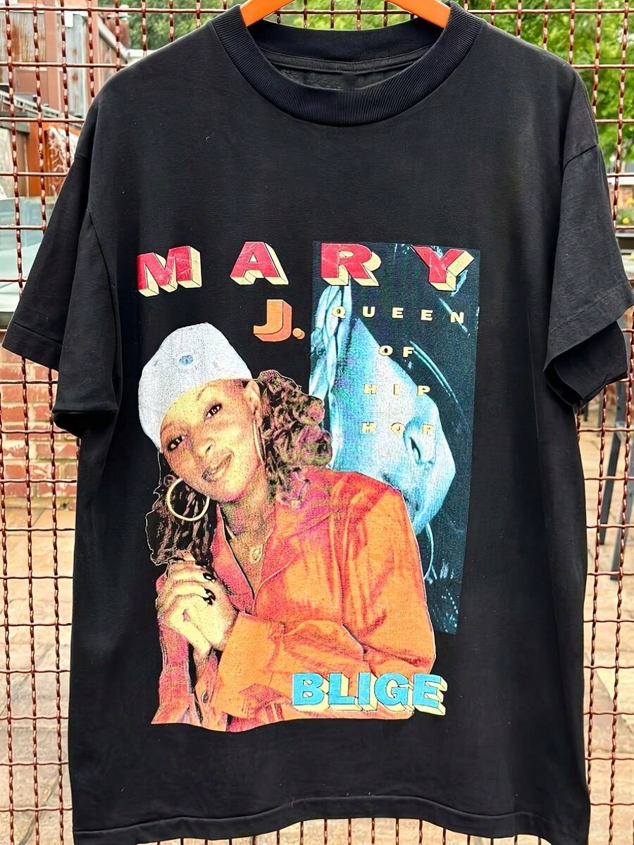 Camiseta unisex vintage de Mary J. Blige para hombre y mujer, 100 % algodón suave, lavable a máquina, camisetas esenciales para el uso diario y todas las estaciones, estampado de alta calidad, ideal para entusiastas del estilo urbano, regalo perfecto para fans y amigos - 220 g, holgada y cómoda. - Atrás - Ver 1