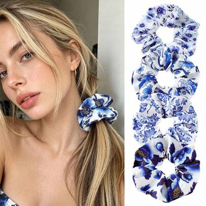 4pcs/Set Women's Elegant Blue Floral Scrunchies, Minimalist Sweet Ponytail/Bun Holders, Suitable For Dresses, Beach Vacation, Daily Outfits, Bohemian Accessories