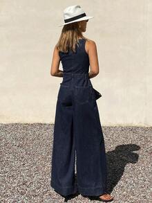Mono vaquero de pierna recta holgado con tirantes ajustables y sin mangas para mujer, para el verano - Azul lavado oscuro - Ver 3
