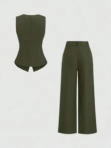 Sweetro Conjunto a juego de chaleco negro de una hilera y pantalones de pierna ancha con fruncidos - Verde militar - Ver 2