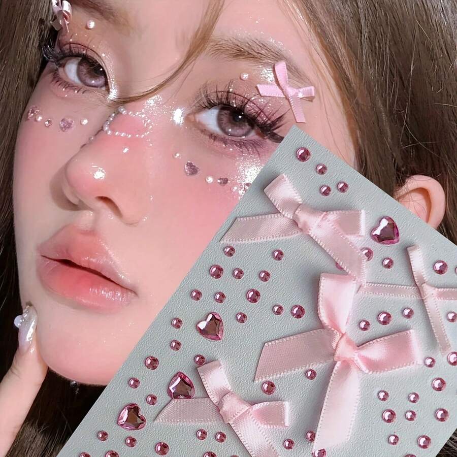 Soft Pink Bow Rhinestone Face Stickers, Designed For Eye And Cheek Makeup, Fits Most Face Shapes, No Need For Extra Cutting, Just Apply To Create A Delicate Makeup Look. The Soft Pink Bow Texture Is Fine And Durable, The Pink Crystal Luster Is Long-Lasting And Scratch-Resistant. High Adhesion After Application, Unlikely To Fall Off During Daily Activities, Easy For Beginners To Use, Suitable For DIY Makeup At Home