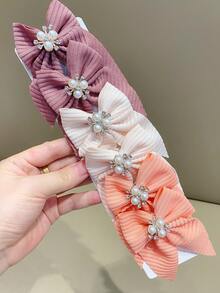 8pcs Solid Color Striped Fabric Bow Hair Clips With Pearl Rhinestone Decor, Cute Girl's School Style Hair Accessories, Suitable For Daily Wear And Party - Multicolor - View 8