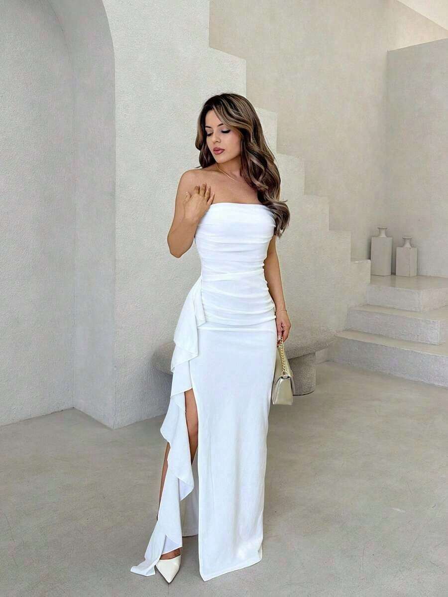 Vestido de dama de honor de boda de verano, vestido largo blanco con pliegues, abertura alta, volantes y tiras para fiesta, sin mangas y sin tirantes, sexy - Blanco 2 - Ver 1