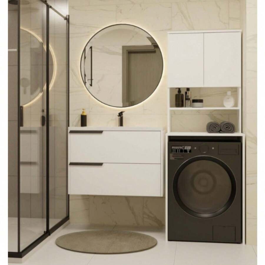 Tủ đựng đồ giặt đa năng với các ngăn chứa đồ kín và mở, được thiết kế cho phòng giặt và phòng tắm nhỏ, kệ đứng màu trắng dùng phía trên máy giặt; lựa chọn quà tặng tân gia lý tưởng. - A - Xem 1