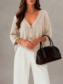 Women's V-Neck Crochet Hollow Out Sheer Short Sleeve Button Cardigan, Loose Silhouette, Casual Daily Basic Dropped Shoulder Top, Suitable For Spring, Autumn And Summer - Apricot - View 3