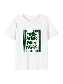 1 pieza Camiseta de mujer de manga corta y cuello redondo, suelta para el verano, con estampado de rayas verticales "talla grande AMOR POR FAVOR", adecuada para vacaciones, oficina, salidas, - Blanco - Ver 4