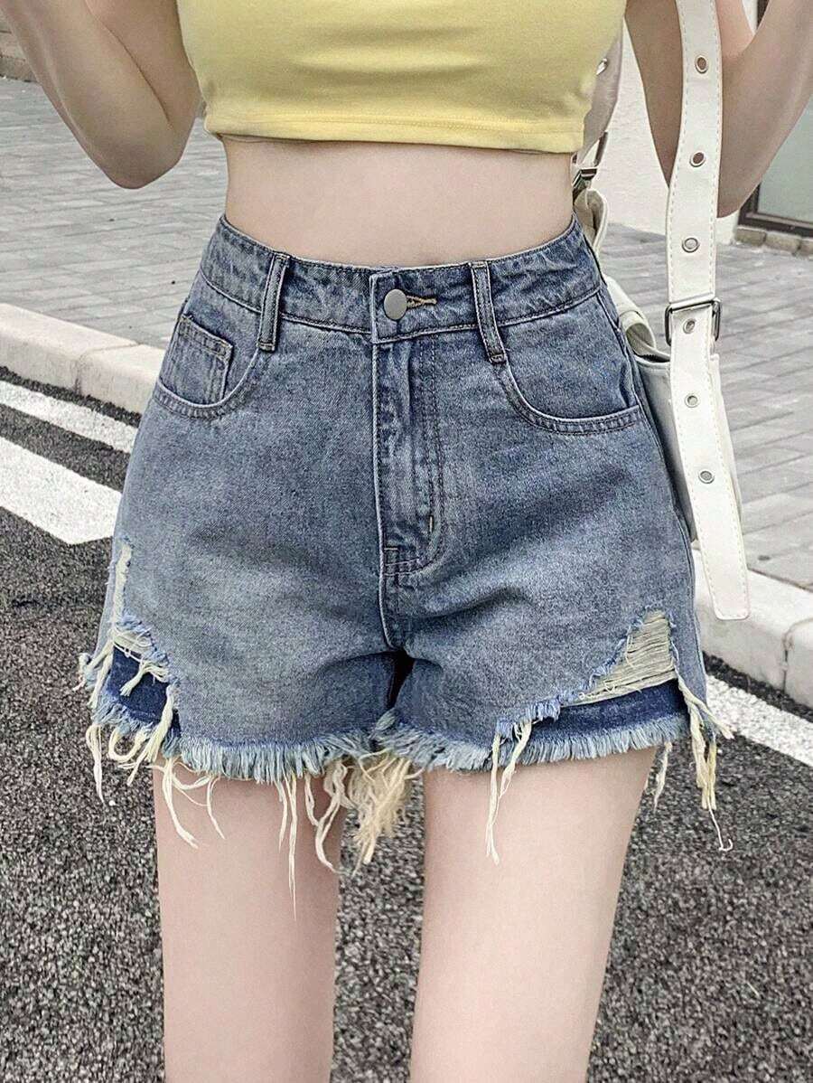 Women Casual Frayed Hem Denim Shorts For Spring Summer Jorts - Lavado medio - Ver 1