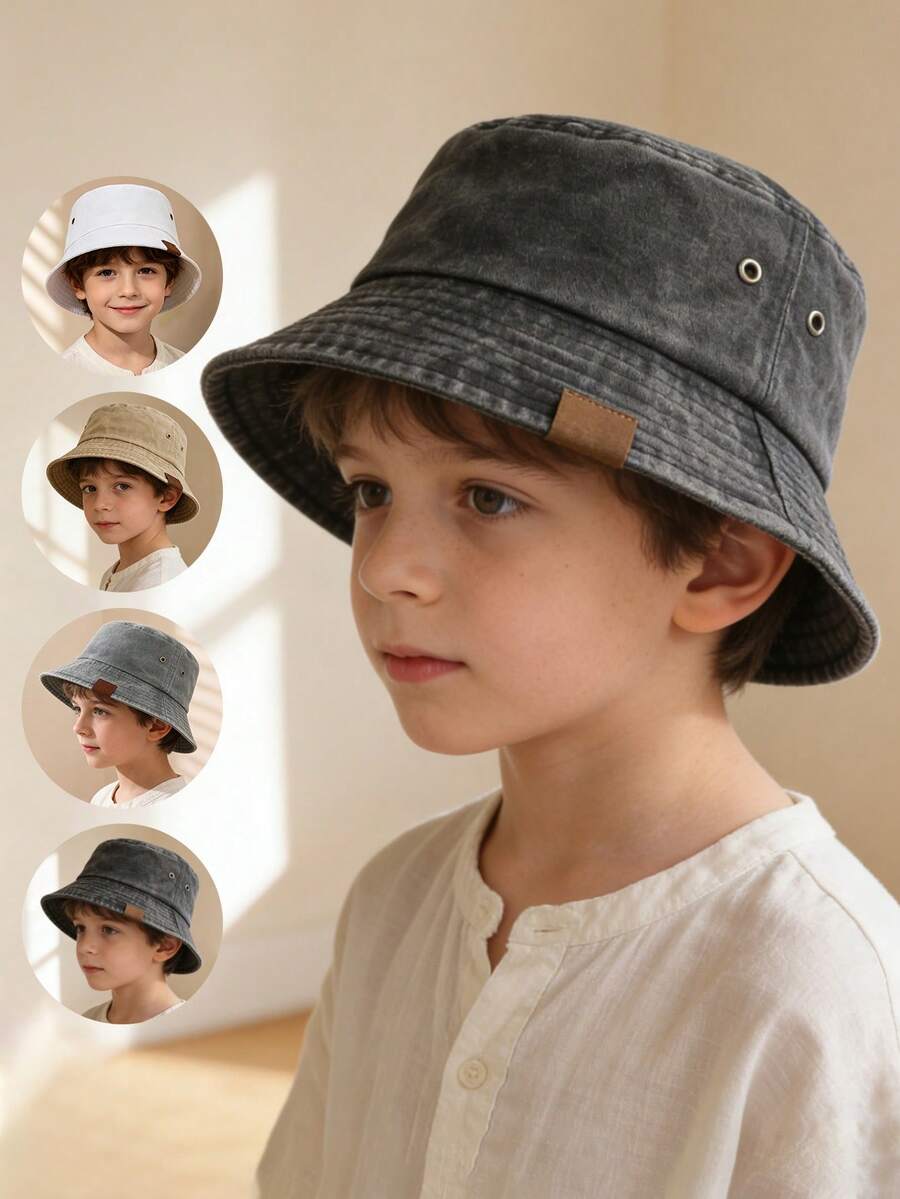 1pc Vintage Distressed Kids Bucket Hat With Brooklyn Label Design, Breathable Sun Protection Hat For Boys And Girls - 1PC - View 1