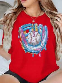 Guante de béisbol colorido con pelota cubierta de glaseado dulce que simboliza la fusión entre deporte y diversión camiseta para mujer 100% algodón cómoda y moderna100% Cotton - Rojo - Ver 6