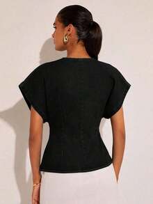 Denim Blusa de mezclilla de manga de murciélago con un solo botón de moda para mujer, de verano - Negro - Ver 2