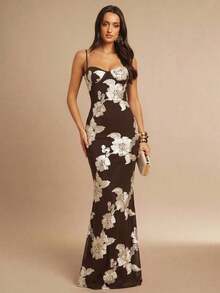 Vestido de tirantes finos maxi ajustado y elegante con diseño floral 3D en color marrón, adecuado para invitada de boda en otoño, fiesta, cóctel, noche, Navidad.Vestido maxi ceñido y con espalda descubierta, apropiado para fiesta de ot - Multicolor - Ver 3