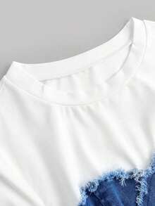 Blusa ajustada de manga corta de mezclilla con parches, estilo casual para mujer - Azul lavado medio - Ver 3