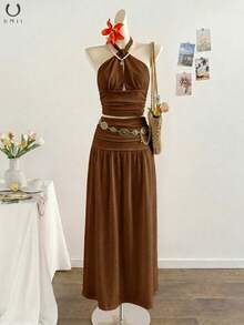 Bộ đồ 2 mảnh dành cho nữ, áo croptop phối cùng chân váy maxi xếp ly làm từ chất liệu vải dệt họa tiết, trang phục thanh lịch cho kỳ nghỉ hè, tiệc tùng trên bãi biển. - màu nâu - Xem 6