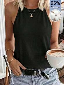 LUNE Camiseta de tirantes de cuello halter casual y cómoda para mujer, 95% algodón, adecuada para el verano - Negro - Ver 8
